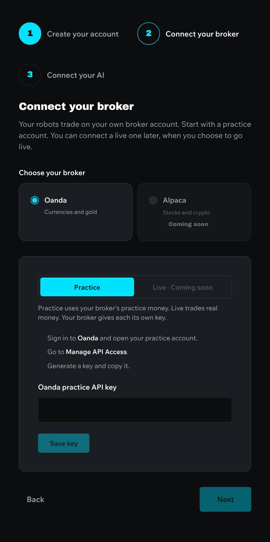 The Connect your broker screen in Vertex Robots: Oanda chosen, Practice selected, the three steps for getting a key from Oanda, an Oanda practice API key field and a Save key button.